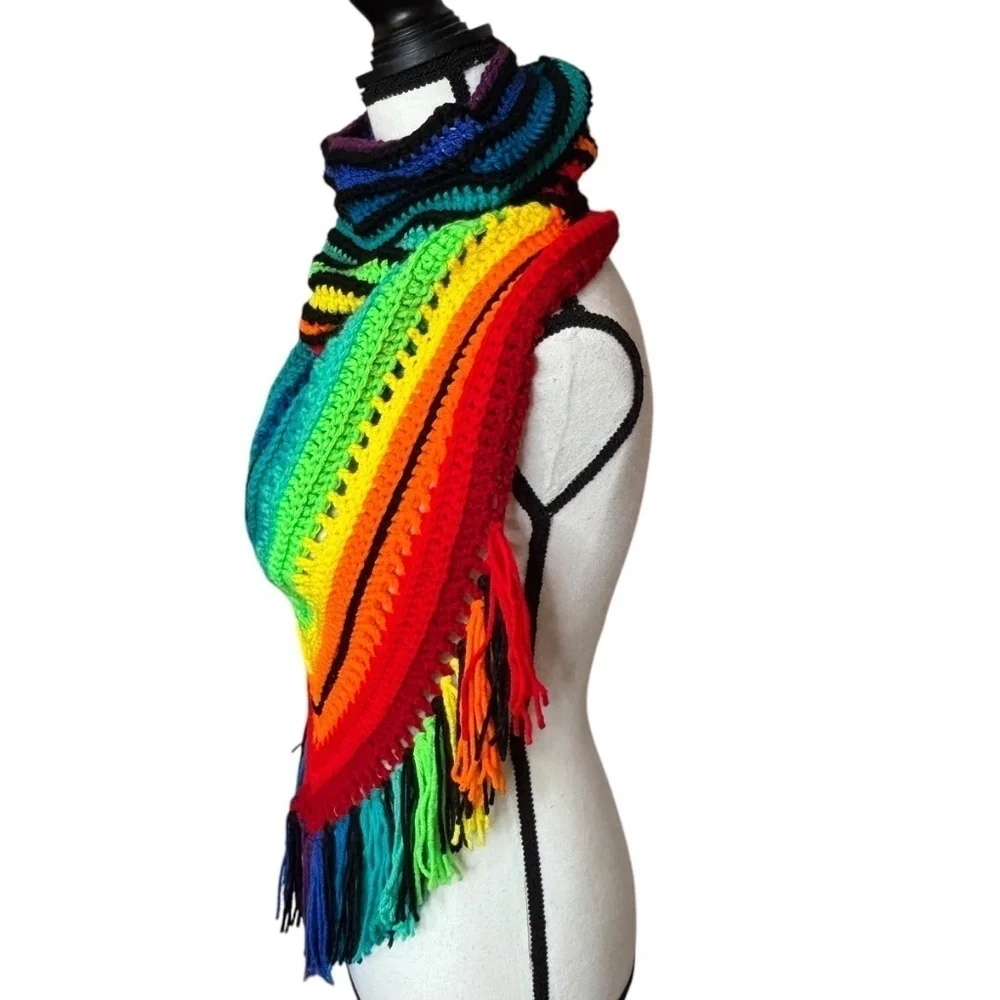 Handcrafted Crochet Cowl Neck Scarf With Fringe Rainbow Colors New Handmade Knit